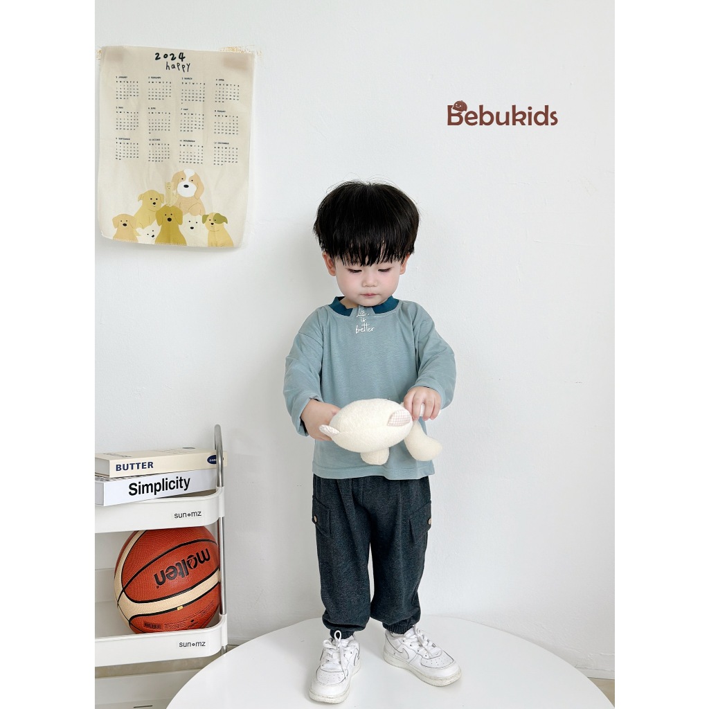 Set bộ dài tay bé trai trơn basic nhiều màu Miniumbaby, chất cotton mềm mại, bé đi học đi chơiSB2073