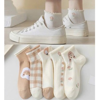 SET 5 Đôi Tất Cotton Cổ Ngắn Viền Bèo Tone Nâu Thêu Kẻ Hoa Cô Gái Siêu Hot Mã Mới Tv5