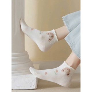 SET 5 Đôi Tất Cotton Cổ Ngắn Viền Bèo Tone Nâu Thêu Kẻ Hoa Cô Gái Siêu Hot Mã Mới Tv5