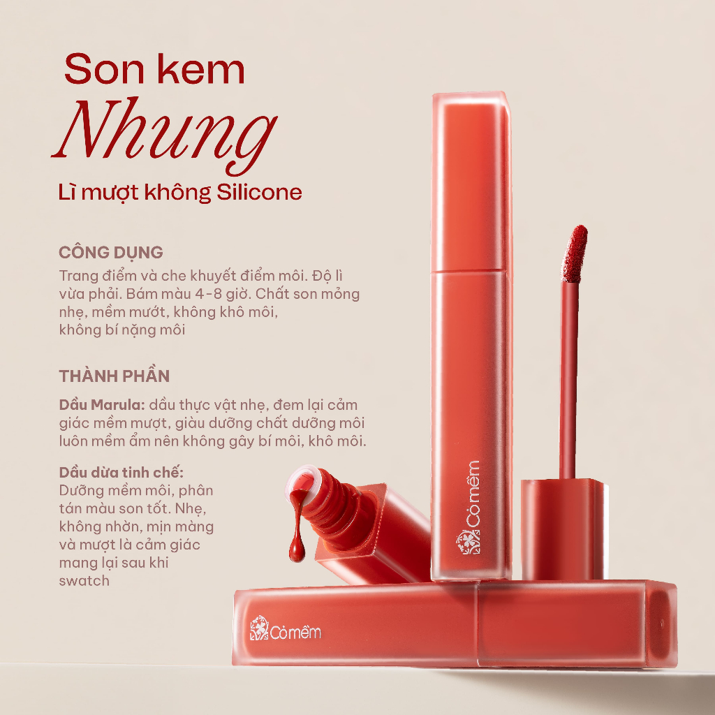 Ảnh Son Kem Nhung Lì Mượt Không Silicone Cỏ Mềm Bền Màu An Toàn Từ Thiên Nhiên 5g 2