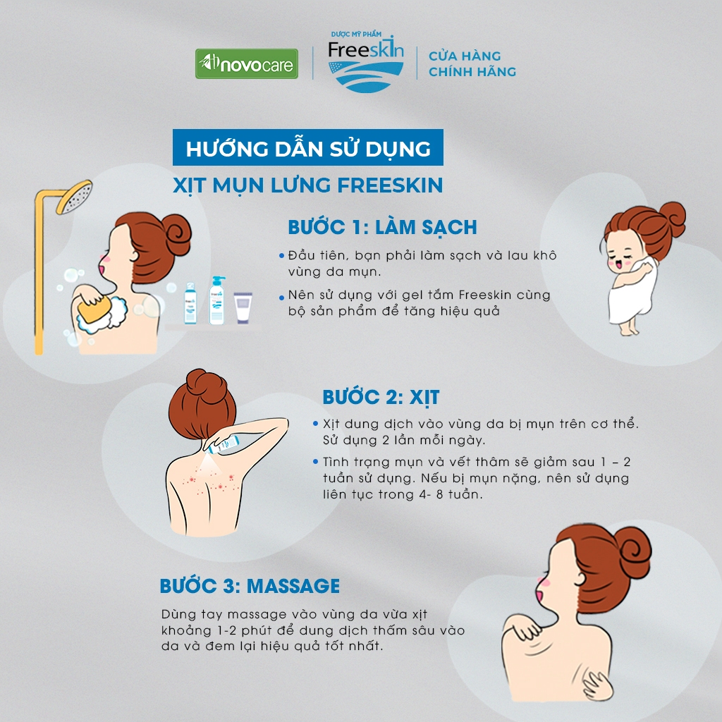 Ảnh Xịt mụn lưng, viêm nang lông, dày sừng nang lông, viêm da Novocare - Freeskin, sạch mụn, mờ thâm, sáng da 80ml 4