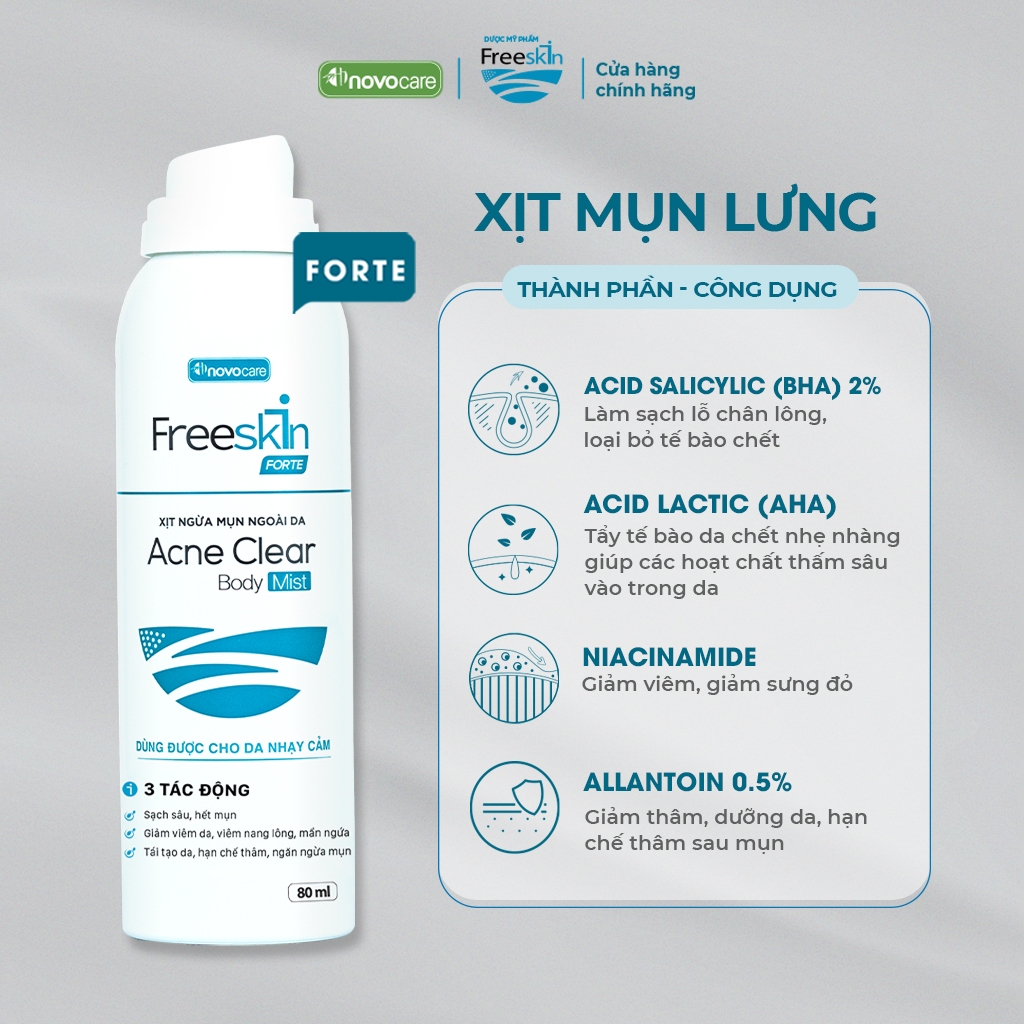 Ảnh Xịt mụn lưng & Gel tắm ngừa mụn Novocare - Freeskin dùng cho mụn cơ thể, viêm nang lông, viêm da 80ml - 250ml 3