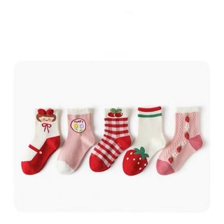 Set 5 Đôi Tất Cotton Cổ Cao Trẻ Em Tone Đỏ Hồng Họa Tiết Kẻ Caro Dâu Cô Gái Mới te23