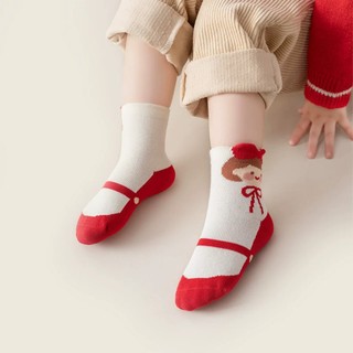 Set 5 Đôi Tất Cotton Cổ Cao Trẻ Em Tone Đỏ Hồng Họa Tiết Kẻ Caro Dâu Cô Gái Mới te23