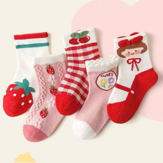 Set 5 Đôi Tất Cotton Cổ Cao Trẻ Em Tone Đỏ Hồng Họa Tiết Kẻ Caro Dâu Cô Gái Mới te23
