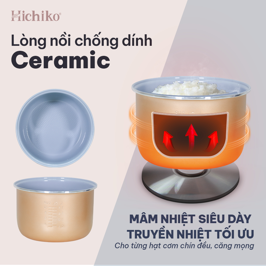 Nồi cơm điện 1.8L Hichiko HC - 1017, dành cho 6-10 người ăn, nồi siêu chống dính, mâm nhiệt dày dặn