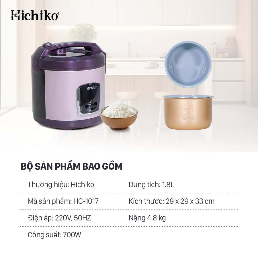 Nồi cơm điện 1.8L Hichiko HC - 1017, dành cho 6-10 người ăn, nồi siêu chống dính, mâm nhiệt dày dặn
