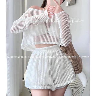 Set Đồ Đi Biển 3 Món, Áo Tay Dài Len Ren, Quần Đùi, Bra Có Mút, Phong Cách Quyến Rũ