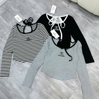 Áo Body Croptop Thêu Chaneo Dài Tay Hở Lưng Áo Nữ Dáng Ngắn Ôm Body Sexy Freesize