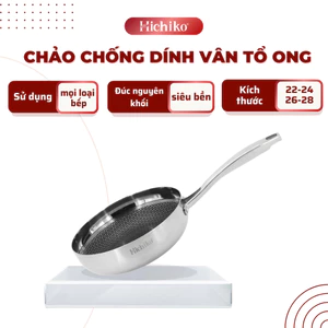 Chảo nguyên khối inox chống dính ĐÁY TỪ vân tổ ong Hichiko size 22-24-26-28cm, dùng mọị loại bếp