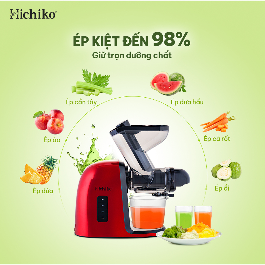 Máy ép chậm trục ngang cổ to Hichiko HC - 3404, miệng cối rộng 7.5 cm dễ dàng ép nguyên quả