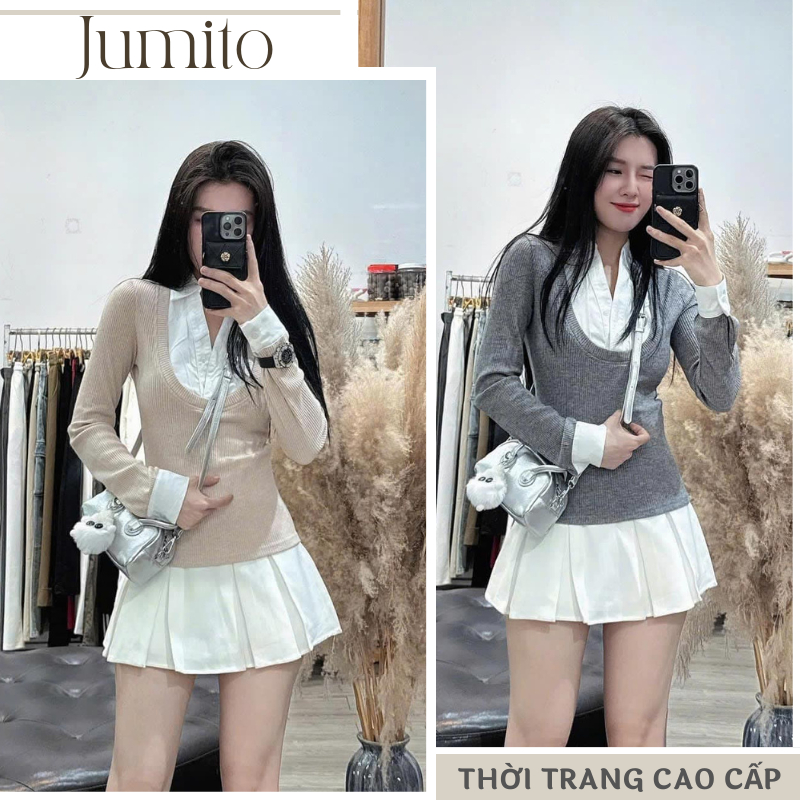 Áo len nữ chất tăm pha cổ sơ mi chất liệu cao cấp Jumito, áo nữ dài tay chất thun tăm mềm mịn nhiều màu HCOM3115