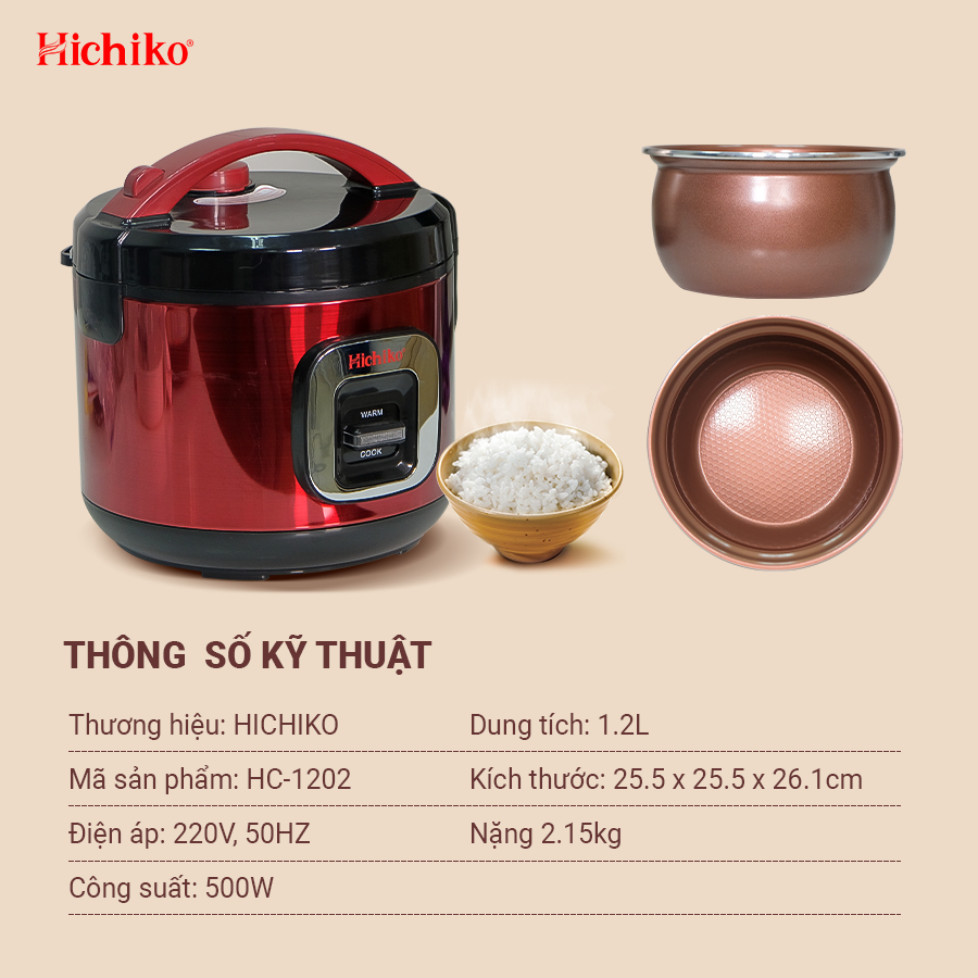 Nồi Nấu Cơm điện 1.2L Hichiko HC - 1202 dành cho gia đình từ 4 - 6 người, lòng niêu siêu chống dính