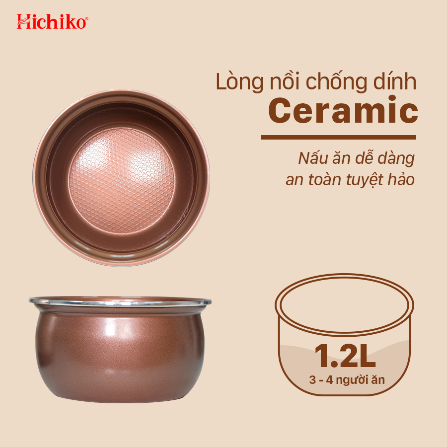 Nồi Nấu Cơm điện 1.2L Hichiko HC - 1202 dành cho gia đình từ 4 - 6 người, lòng niêu siêu chống dính