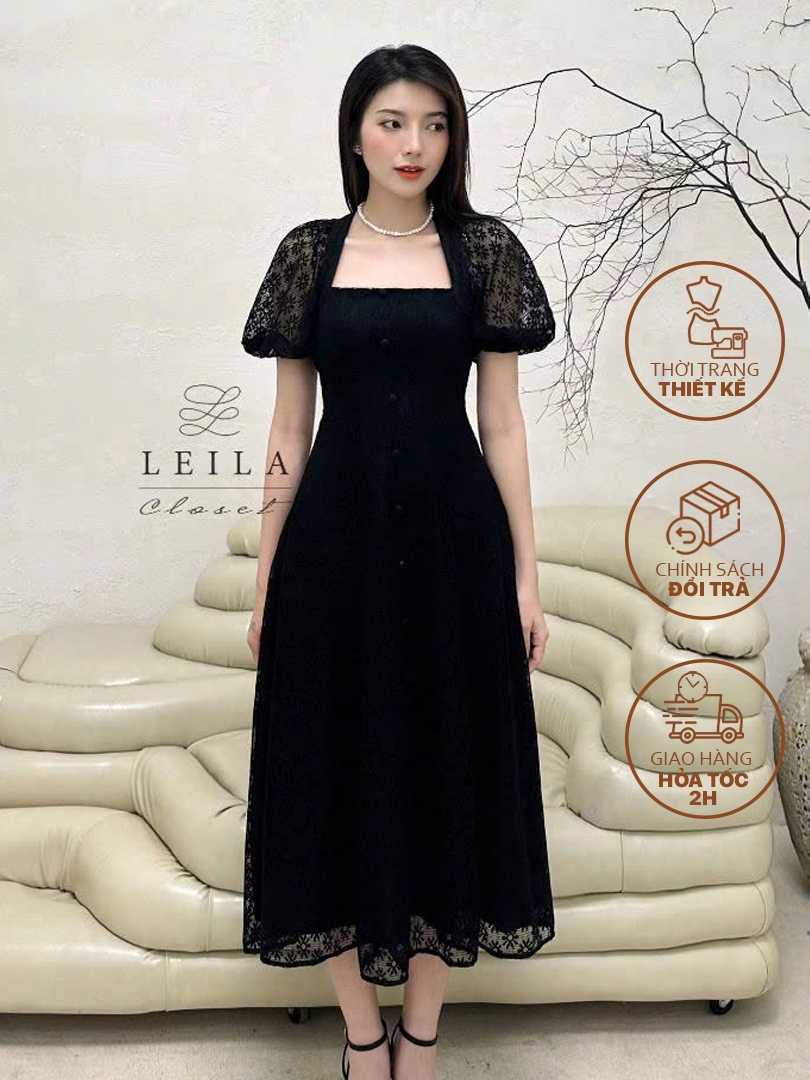Ảnh LEILA CLOSET | Đầm thiết kế Dalia đen dáng cổ vuông tay phồng xẻ tà trước 2