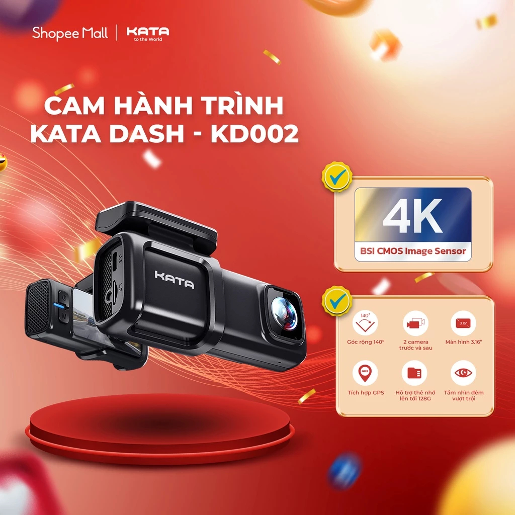 Camera hành trình ô tô KATA DASH KD002, Ghi Hình 4K Trước Sau, Tích hợp WIFI, GPS Hiển Thị Tốc Độ, Bảo Hành 12 Tháng