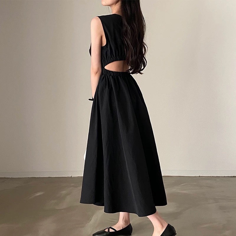 Váy nửa lưng dành cho nữ phong cách dáng dài đen thanh lịch hở