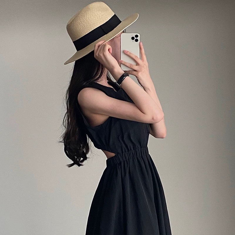 Váy nửa lưng dành cho nữ phong cách dáng dài đen thanh lịch hở