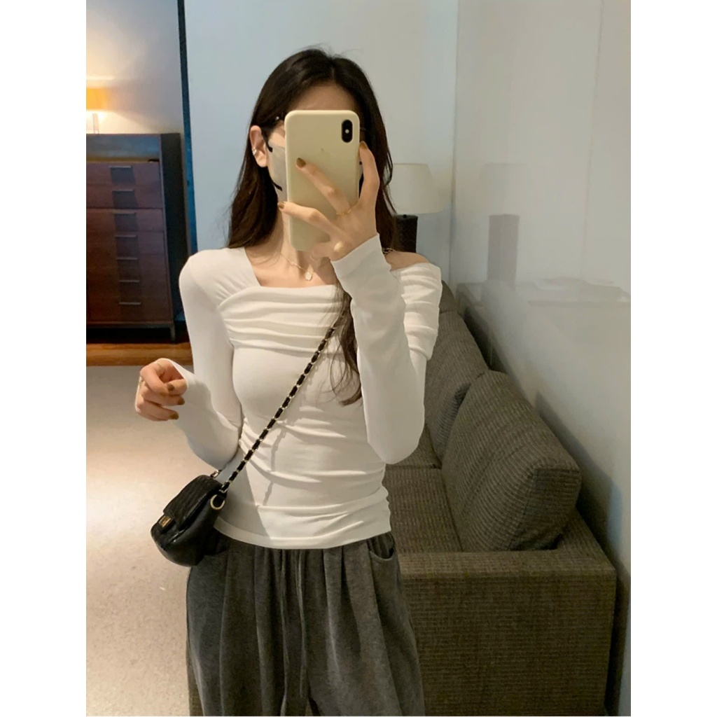 [CÓ SIZE] Áo Thun Trễ Vai Dài Tay RANSHI Thiết Kế Lệch Vai Ôm Body Sexy Dễ Phối Chất Thun Gân Dày Dặn