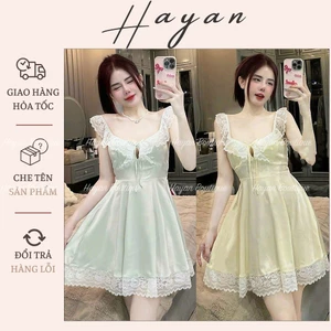 HT168 Váy ngủ sexy tiểu thư ren bèo dây buộc tôn dáng, đồ ngủ lụa dáng xoè hách dáng HT168