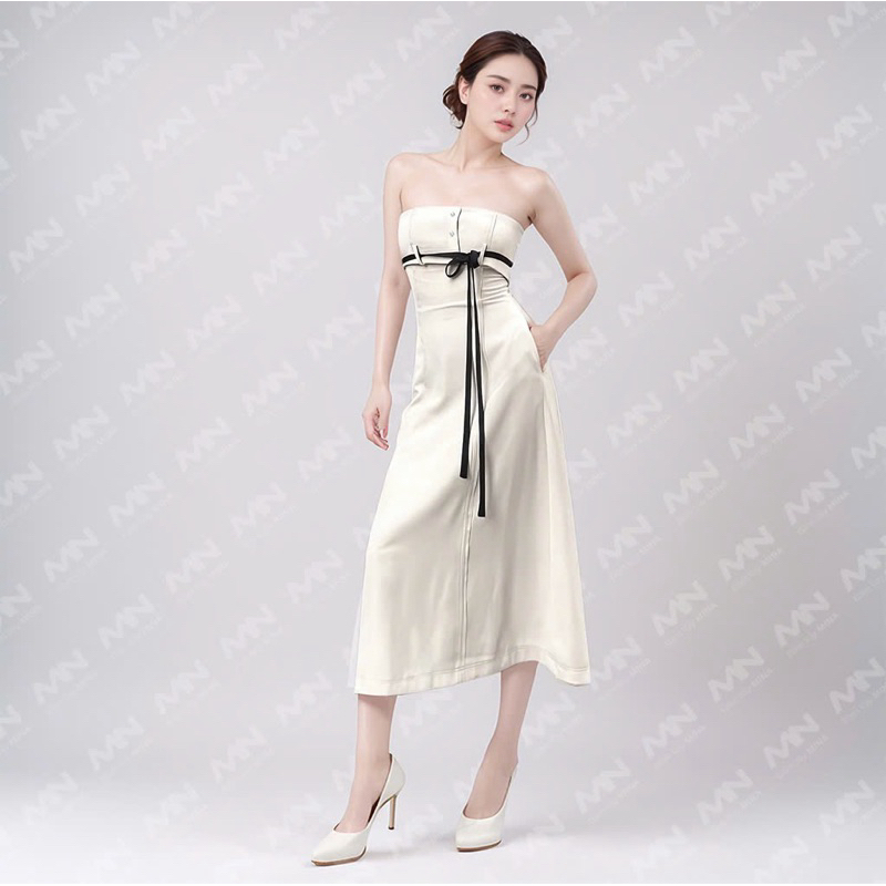 Ảnh Đầm dự tiệc MINA dáng suông dài midi thiết kế cúp ngực chất KaKi quyến rũ sang trọng MN244 2