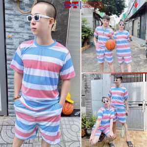 Sét bộ quần áo nam nữ cổ tròn kẻ sọc caro họa tiết, bộ đồ đùi mặc cặp nhóm phông bạt sao kê - KL2