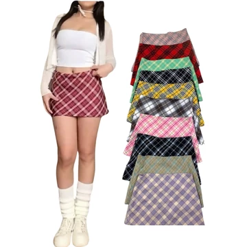 Chân váy caro ngắn cạp thấp Unnie váy chữ a ngắn họa tiết kẻ sọc caro mini skirt có lót quần- V05