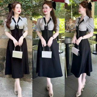 Đầm polo dáng dài bigsize nữ tay ngắn sọc xốp sơ mi phối thân đen ruby cao cấp thời trang trẻ trung 58-95kg G678