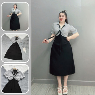Đầm polo dáng dài bigsize nữ tay ngắn sọc xốp sơ mi phối thân đen ruby cao cấp thời trang trẻ trung 58-95kg G678