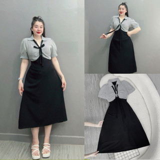 Đầm polo dáng dài bigsize nữ tay ngắn sọc xốp sơ mi phối thân đen ruby cao cấp thời trang trẻ trung 58-95kg G678