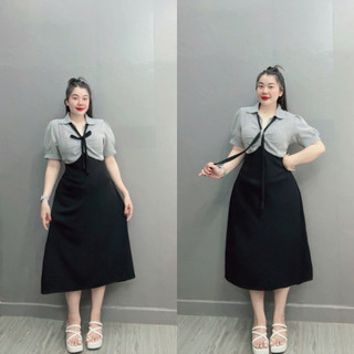 Đầm polo dáng dài bigsize nữ tay ngắn sọc xốp sơ mi phối thân đen ruby cao cấp thời trang trẻ trung 58-95kg G678
