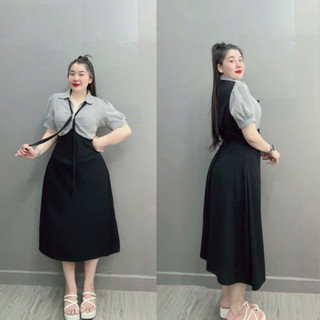 Đầm polo dáng dài bigsize nữ tay ngắn sọc xốp sơ mi phối thân đen ruby cao cấp thời trang trẻ trung 58-95kg G678