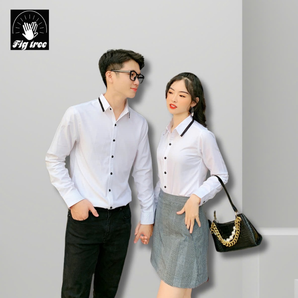 Set Áo Sơ Mi Đôi Fig Tree Màu Trắng Viền Cổ Đen Trendy ( hàng thiết kế full size 40-110kg)