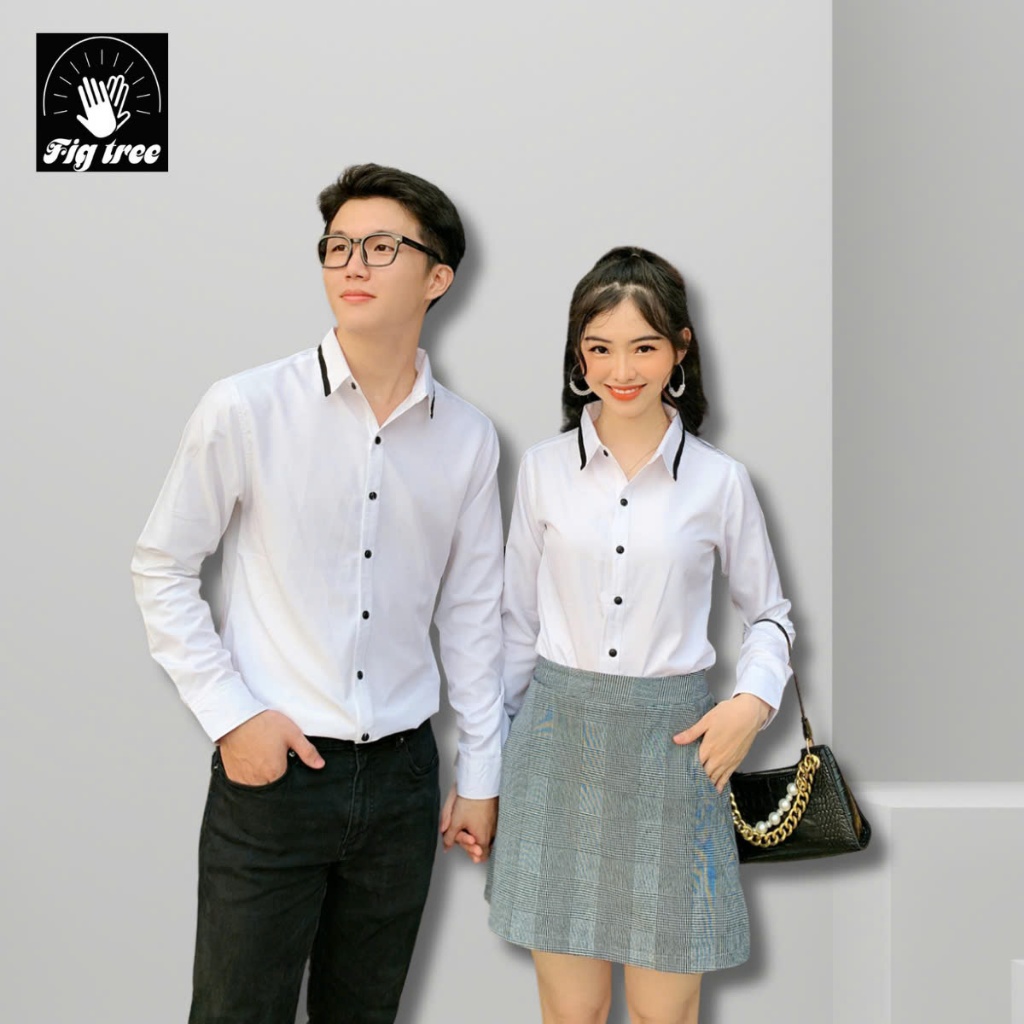 Set Áo Sơ Mi Đôi Fig Tree Màu Trắng Viền Cổ Đen Trendy ( hàng thiết kế full size 40-110kg)