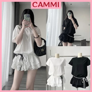 Set jum áo cổ tròn phối ren kèm dây ngọc thắt nơ eo chất gió sần(có quần bảo hộ) HB702