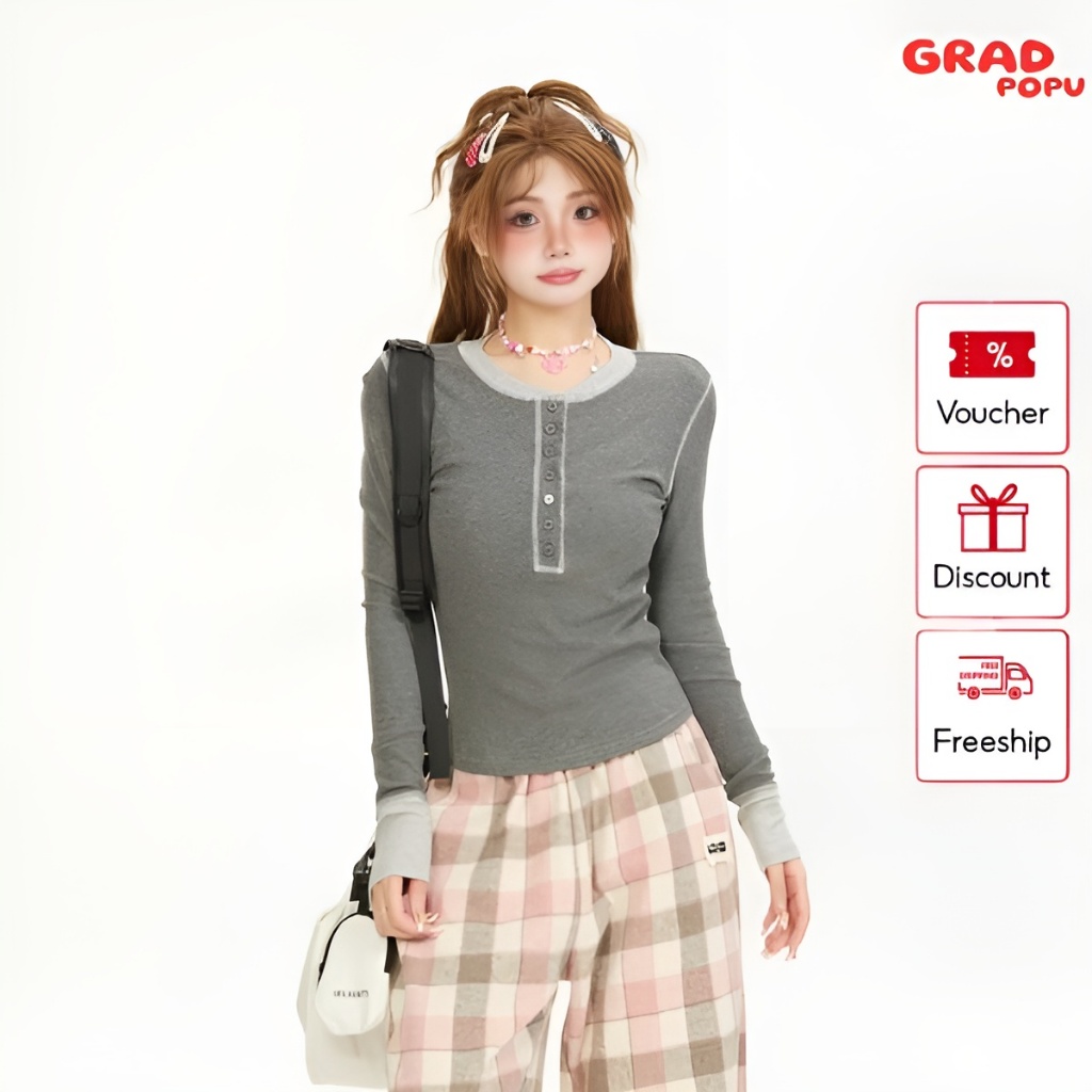 Áo thun nữ dài tay GRADPOPU PAT58 chất thun co giãn cổ tròn giả khuy phối 2 màu basic phong cách Hàn Quốc