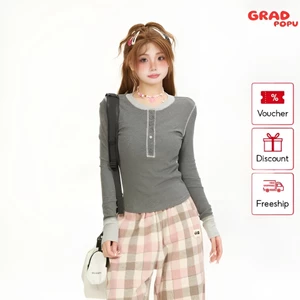 Áo thun nữ dài tay GRADPOPU PAT58 chất thun co giãn cổ tròn giả khuy phối 2 màu basic phong cách Hàn Quốc