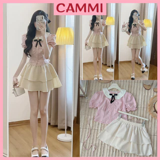 Set váy áo gồm áo sơ mi hồng chiết eo đính nơ tiểu thư kèm chân váy 2 tầng tiểu thư HB512