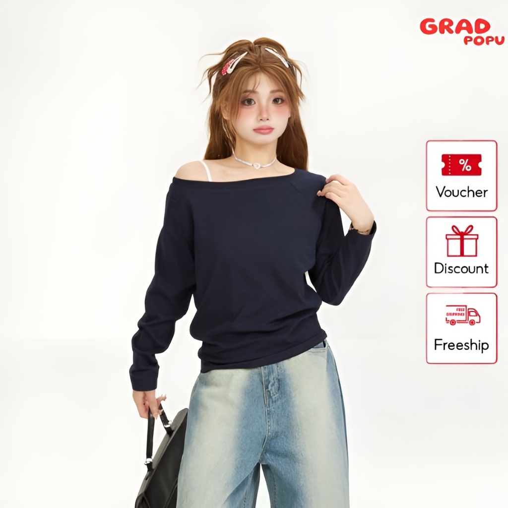 Áo thun trễ vai GRADPOPU PAT56 dài tay nhiều màu basic dáng ôm chất thun thoáng mát phong cách Hàn Quốc