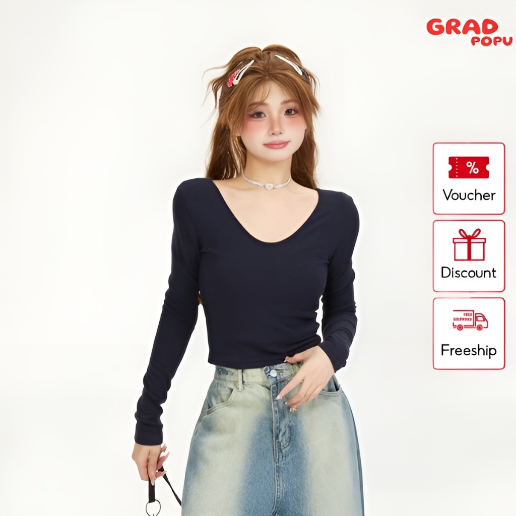 Áo thun nữ dài tay GRADPOPU PAT55 chất thun co giãn thiết kế cổ V  dáng ôm gợi cảm nhiều màu basic