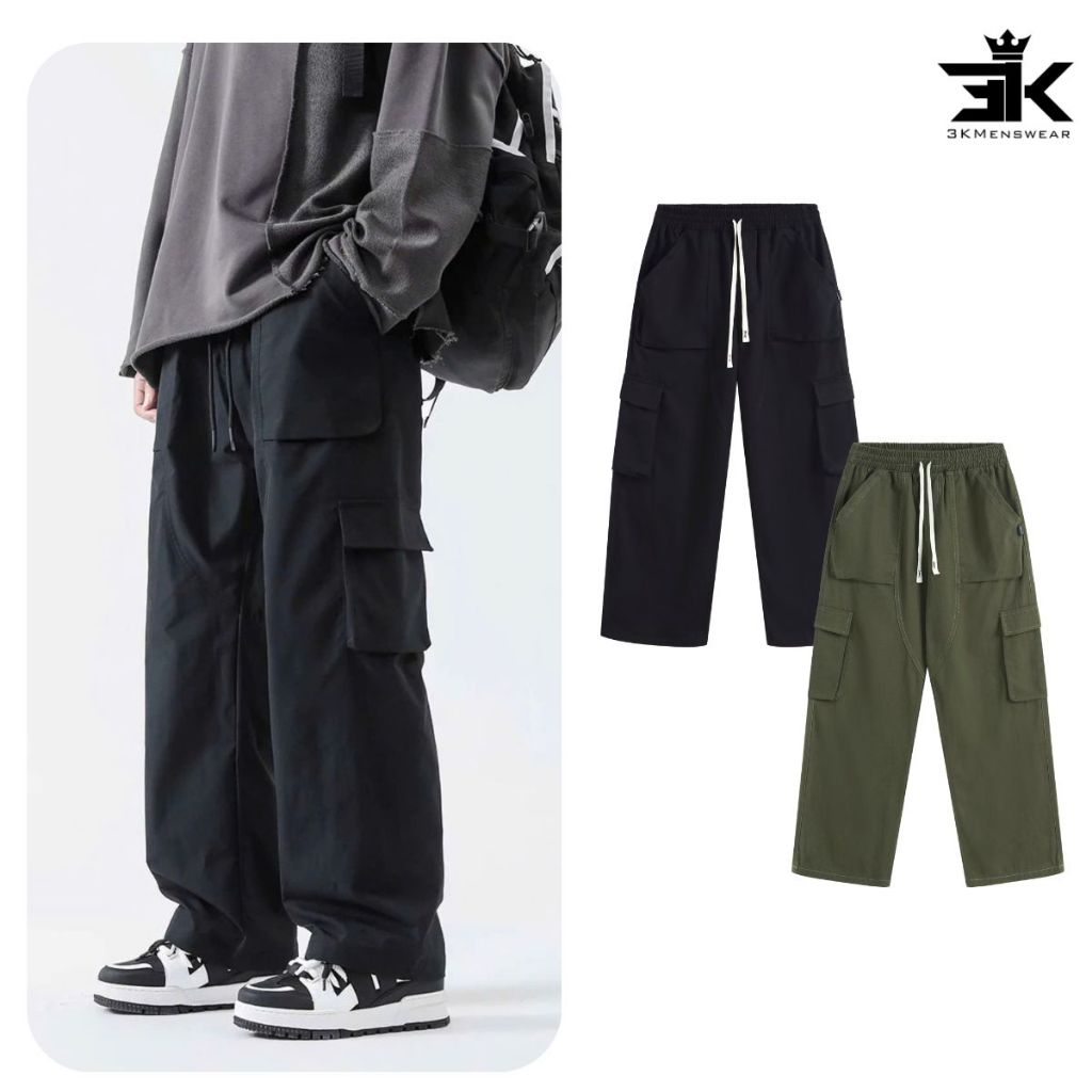 Quần Cargo kaki túi hộp 3KMENSWEAR, Quần Dài jean from uNIsex dáng suông form 45-85kg Có Túi