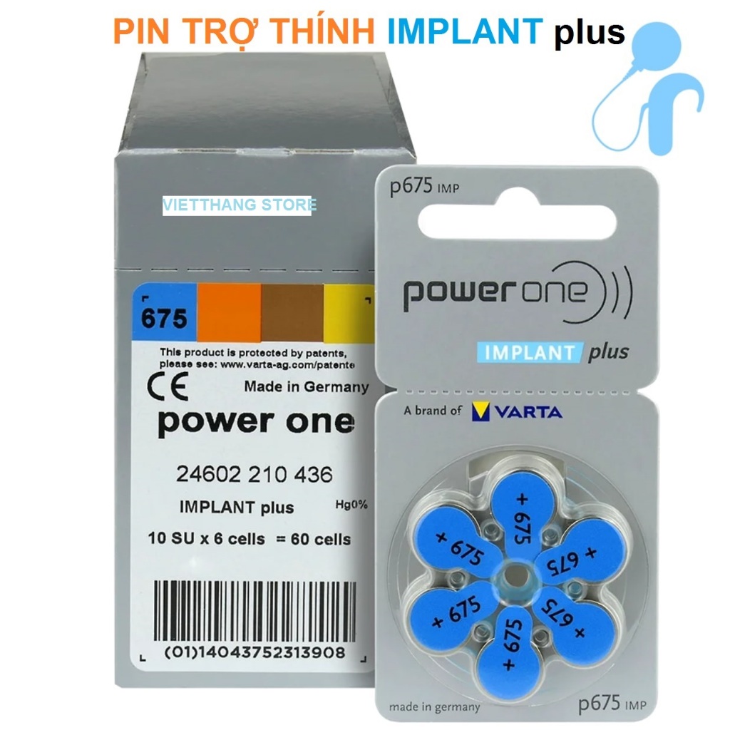 Pin Power One IMPLANT Plus 675 cho máy Điện cực ốc tai Hộp 10 vỉ (60 ...