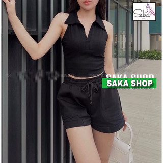 Áo thun nữ croptop sát nách cổ sơ mi màu trắng đen