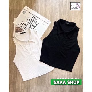 Áo thun nữ croptop sát nách cổ sơ mi màu trắng đen