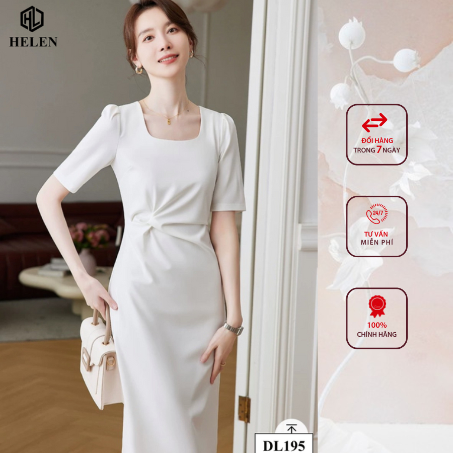 Đầm công sở HELEN thiết kế dáng ôm màu trắng cổ vuông nhún eo DL195