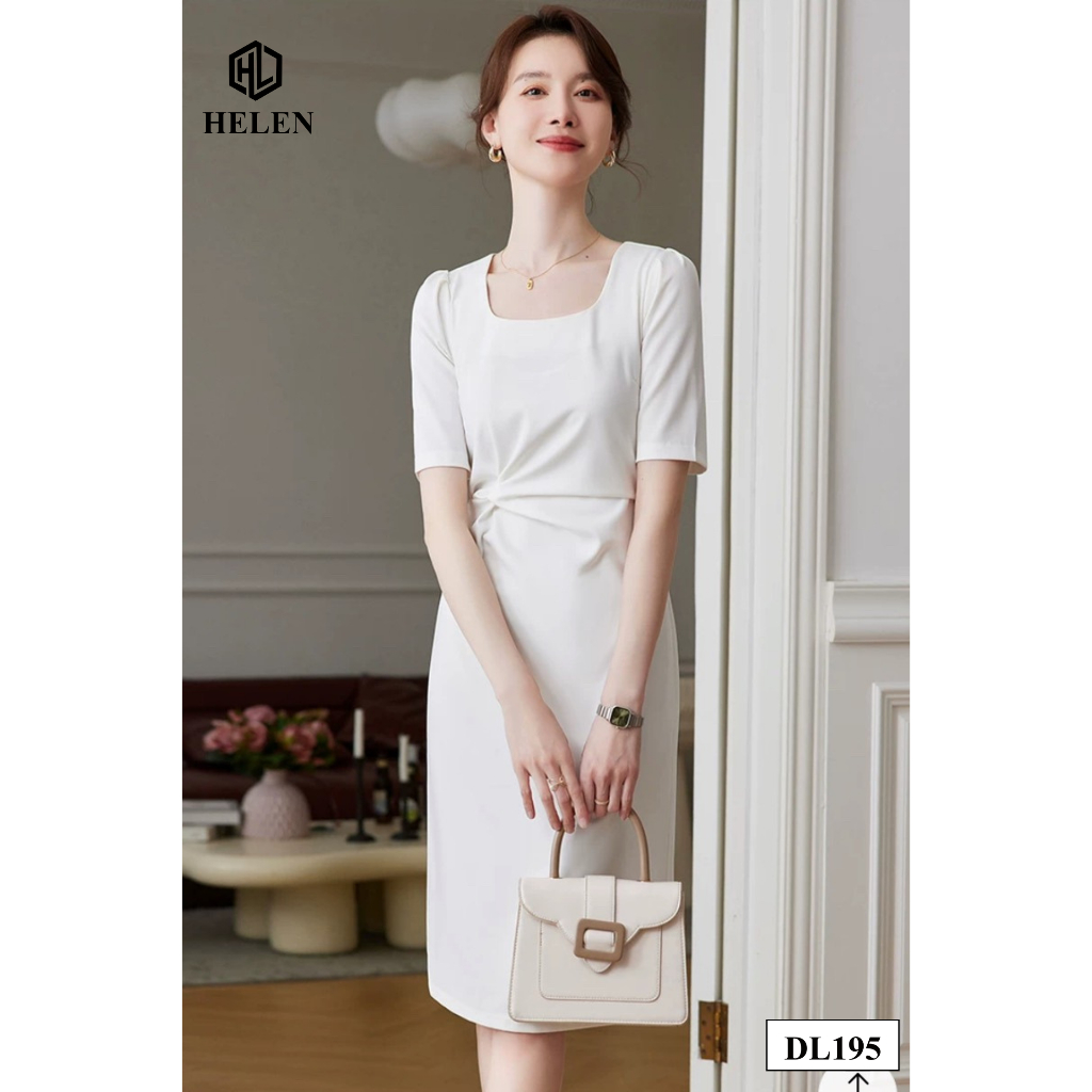 Đầm công sở HELEN thiết kế dáng ôm màu trắng cổ vuông nhún eo DL195