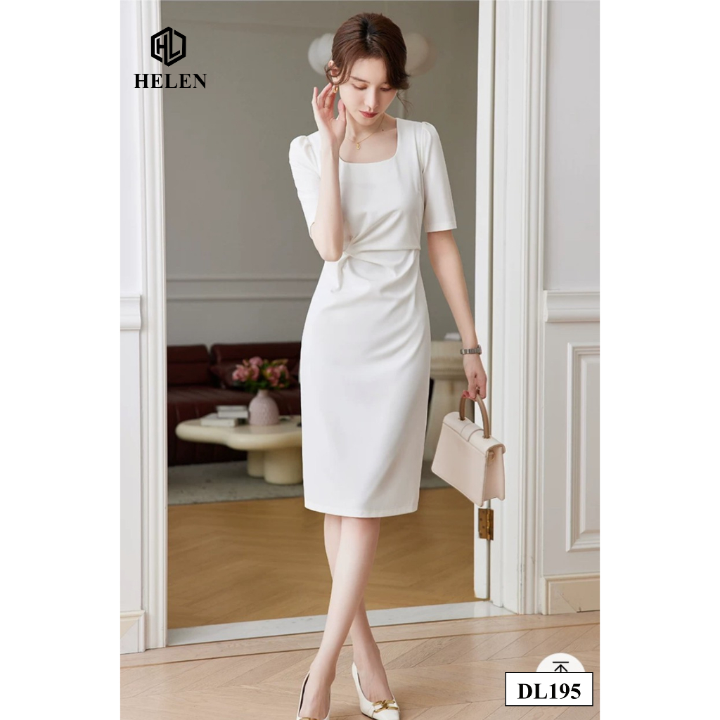 Đầm công sở HELEN thiết kế dáng ôm màu trắng cổ vuông nhún eo DL195