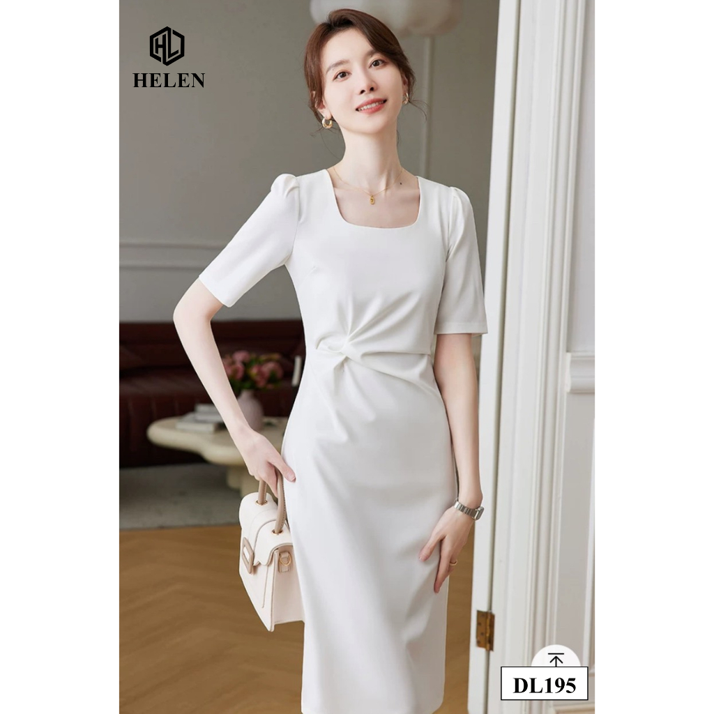 Đầm công sở HELEN thiết kế dáng ôm màu trắng cổ vuông nhún eo DL195