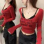 Áo Croptop Nữ Dài Tay Phối Yếm . Set Áo Croptop In Chữ Dáng Ôm Body Phong Cách Hàn Quốc