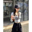 Áo Croptop Nữ Dài Tay Phối Yếm . Set Áo Croptop In Chữ Dáng Ôm Body Phong Cách Hàn Quốc
